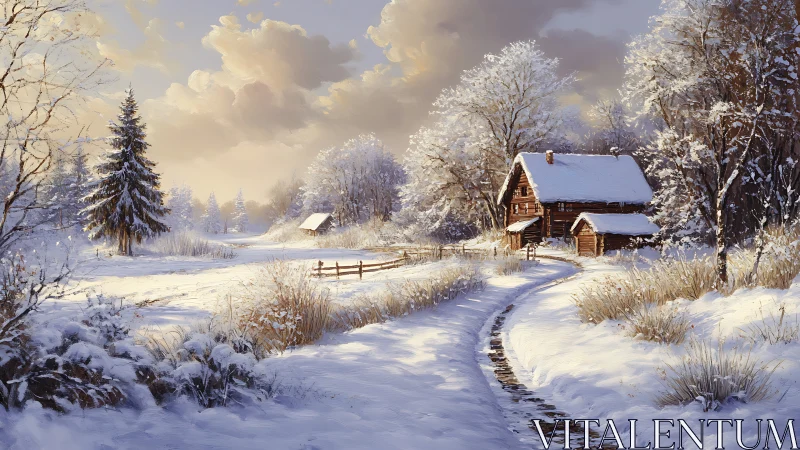 Snow-covered rural cabin along winding winter path.