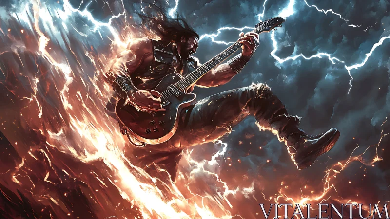 Electric guitarist suspended in stormlit inferno, rendered dynamically