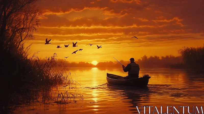 Golden-hour angler in silhouette on reflective river waters.