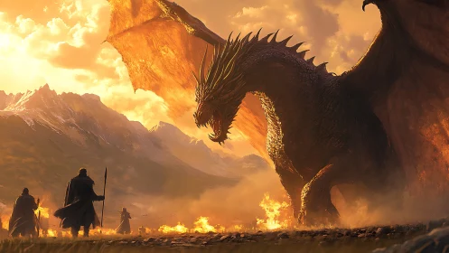 Armored dragon confronts cloaked warriors at sunset.