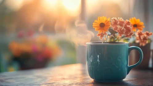 Teal ceramic mug with steam and flowers on wooden table.