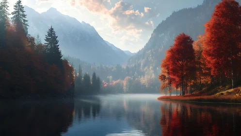 Autumn mountainside lake glows beneath soft morning light.