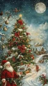 Santa in snowy village beside glowing Christmas tree.