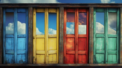 Weathered colored doors aligned against clouded sky backdrop.
