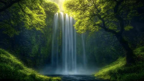 Luminous Waterfall in Verdant Forest Canyon.