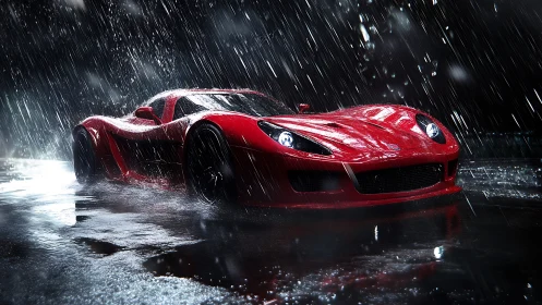 Crimson supercar dancing through midnight city rain.