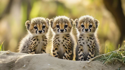 Three Cheetah Cubs in Natural Habitat Setting.