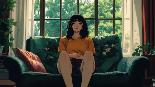 Young woman sitting on sofa in bright living room interior.