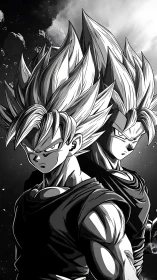 Spiky haired warriors stand back to back in space scene