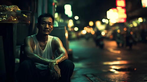 Quiet night pause on a neon city street feels deeply human