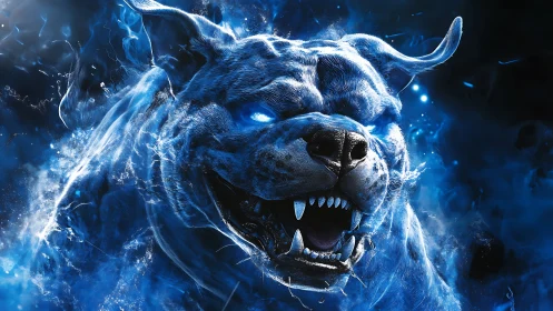 Spectral blue hellhound roars in swirling ethereal flames.