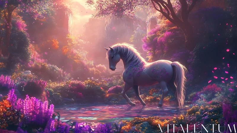 Bioluminescent unicorn in iridescent twilight forest pool