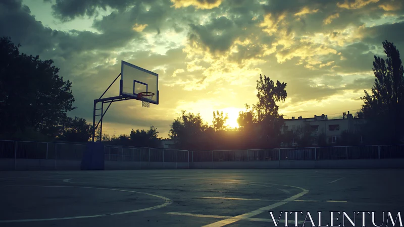 Sunset hush over a quiet neighborhood basketball court.