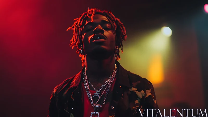 Confident rapper glowing under moody red and gold lights.