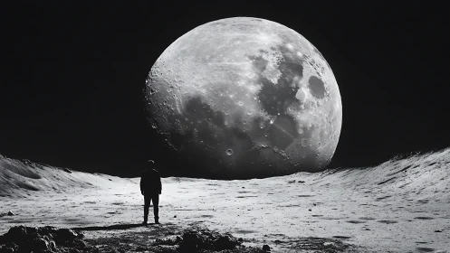 Solitary figure under colossal moon on lunar plain.
