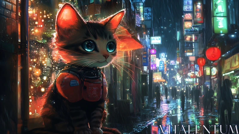 Cyberpunk kitten with neon harness in rainy night alley.