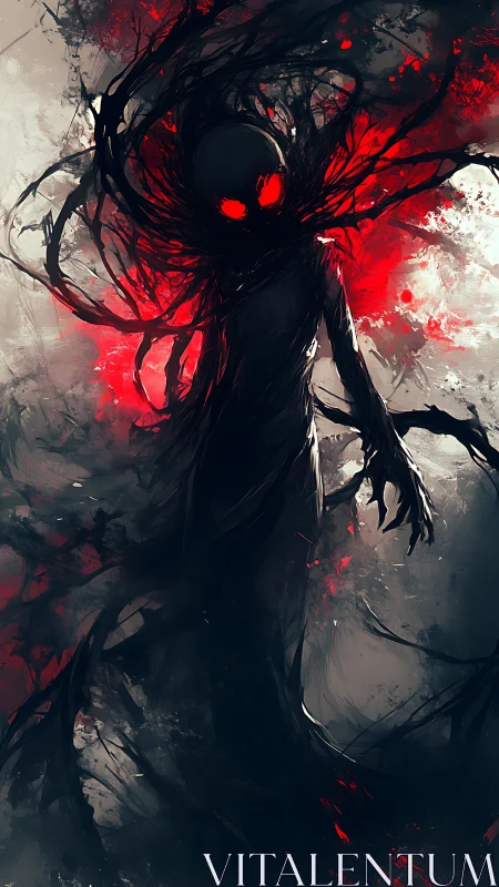 Shadow humanoid with red eyes in abstract digital scene.