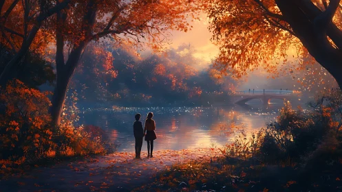 Two figures embrace beneath autumn trees overlooking misty waterway