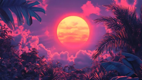 Neon jungle hushes while a colossal candy sun ignites dusk