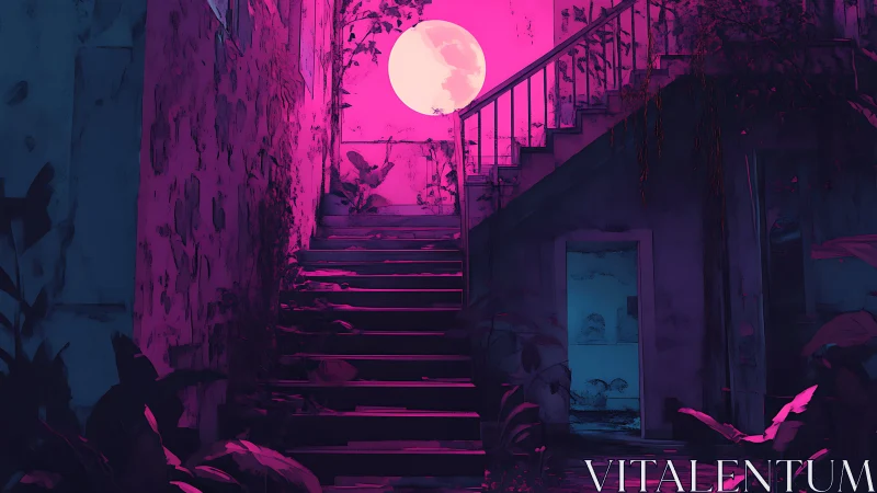 Exterior staircase in neon moonlight within overgrown house.