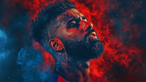 Profile portrait of tattooed man in red and blue smoke field.