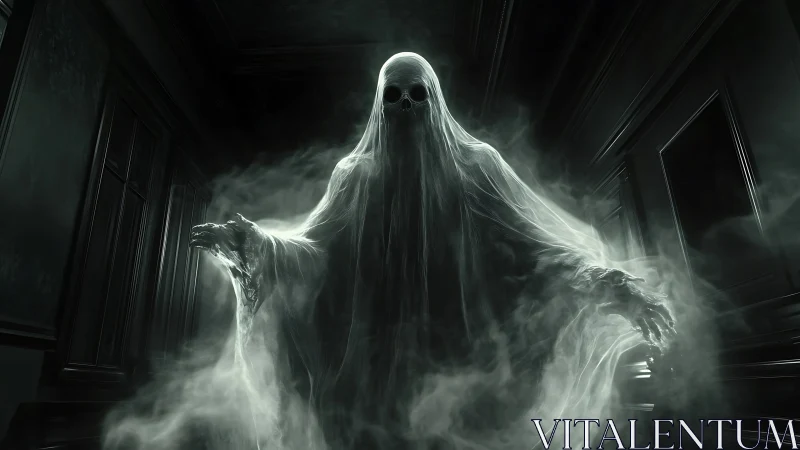 Spectral wraith emerging in smoky haunted corridor scene.