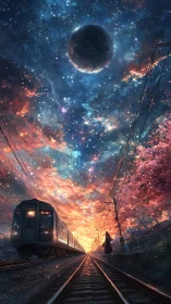 Night sky with eclipse above train tracks and figure at sunset.