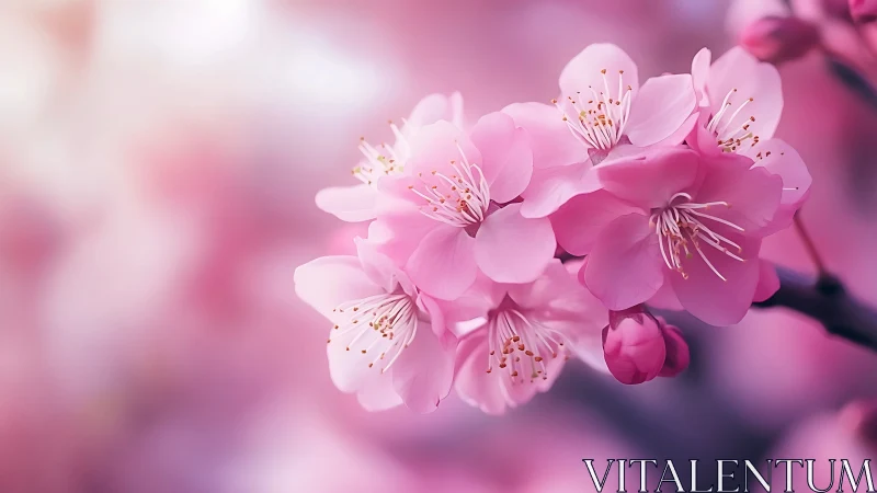 Pink blossoms with detailed stamens against soft bokeh.