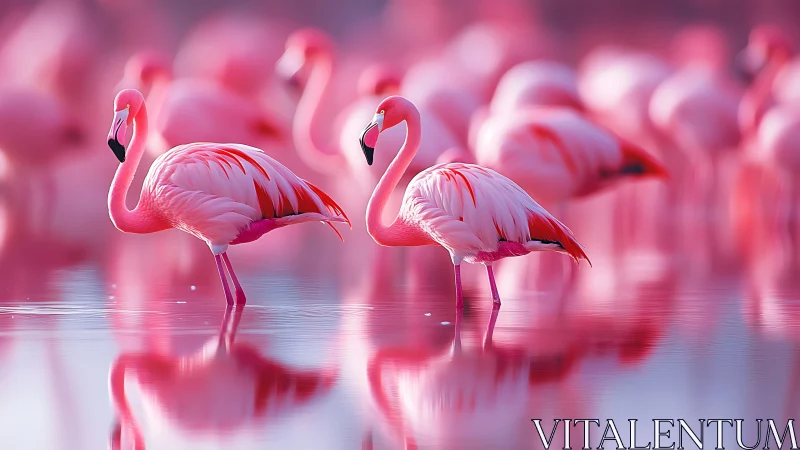 Pink flamingos in mirrored lake with soft bokeh glow.