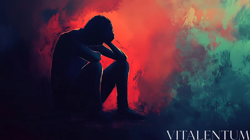 Silhouetted figure embodies isolation in burning neon void.