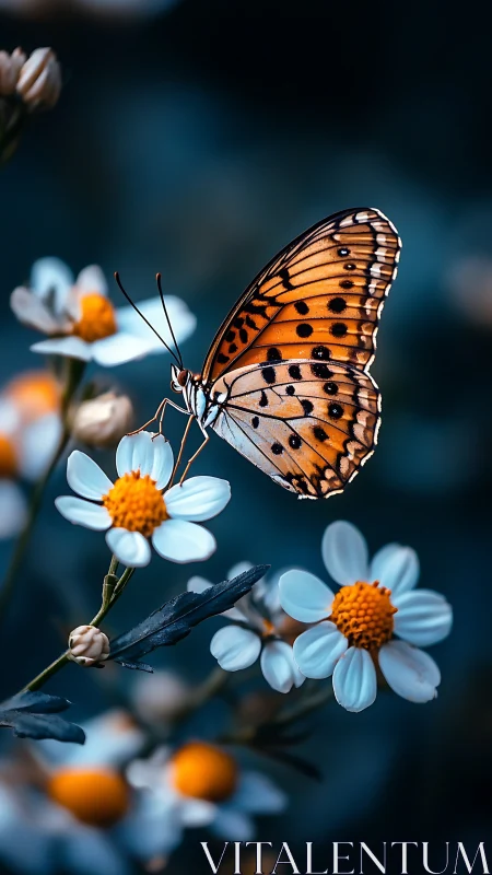 Orange butterfly rests on white wildflowers in sharp focus