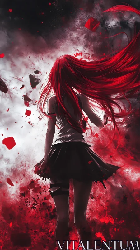 Red haired warrior strides through a storm of crimson fury