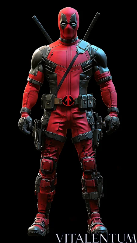 Red and black armored character stands in frontal pose