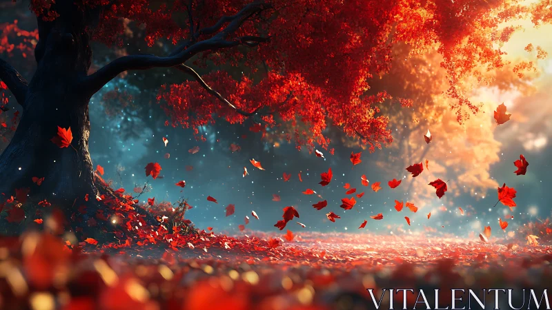 Red maple tree sheds leaves into glowing autumn light