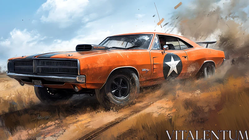 Dust-slinging muscle car rockets through wild desert grit.