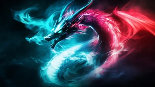 Bioluminescent dragon coils through neon smoke in motion