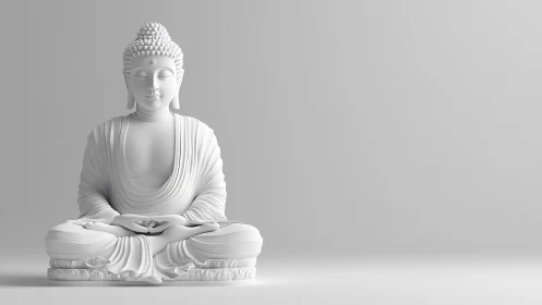 Monochrome 3D Buddha sculpture in meditative seated symmetry.