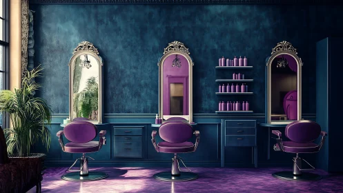 Luxury salon interior with violet chairs and teal walls.
