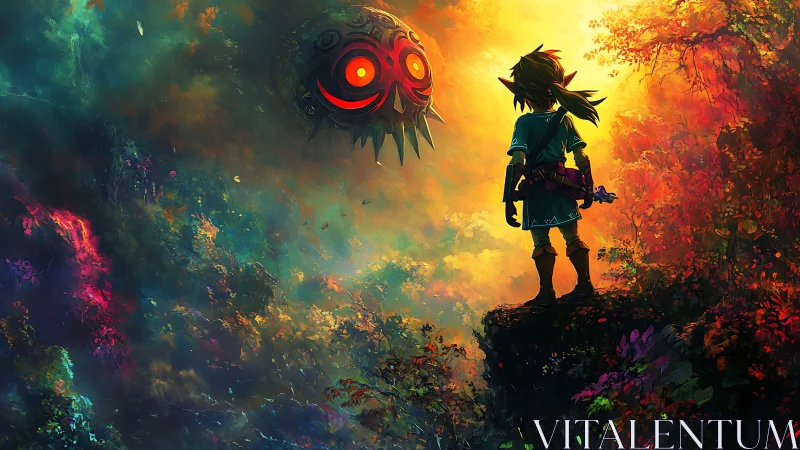 Heroic silhouette meets blazing demon moon in painted sky.