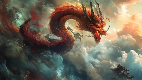 Sky-scorching dragon coils through storm-lit celestial clouds