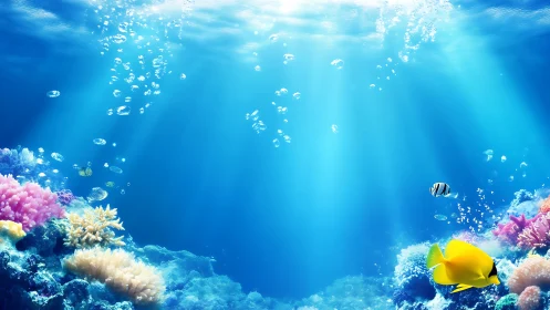 Underwater coral reef scene with fish and light rays.