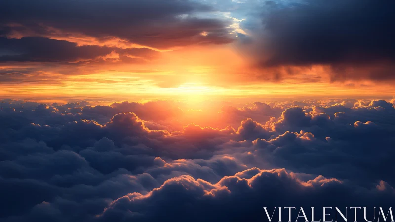 Sunrise light cuts through dense storm clouds above horizon