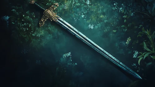 Moonlit relic blade dreaming in a forgotten forest pool.