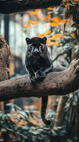 Black panther poised on branch under warm defocused bokeh