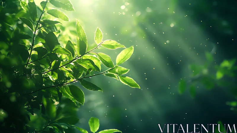 Sunlit Green Leaves with Morning Dew in a Lush Nature Scene.