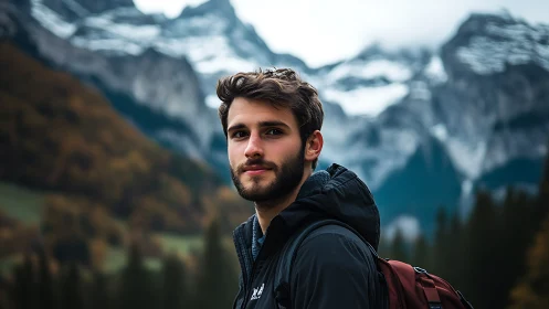 Portrait of a man in outdoor clothing before alpine mountains