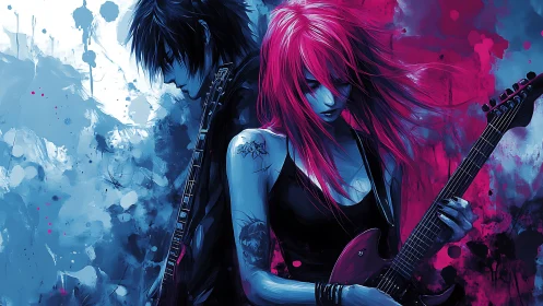 Neon punk guitarists against split blue and magenta haze.