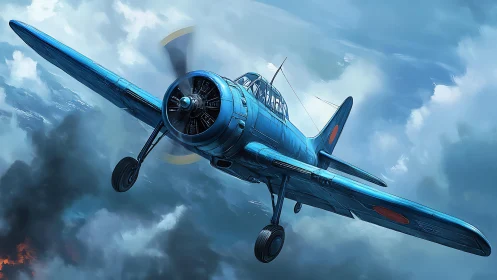 Blue World War II fighter plane in dramatic cloudy sky.