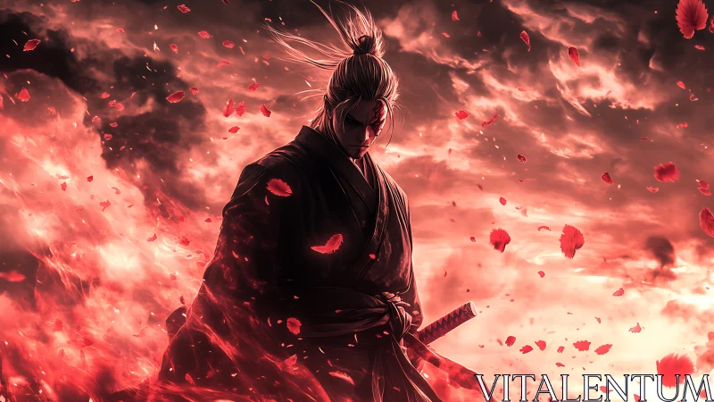 Samurai in crimson stormlight among drifting petals.