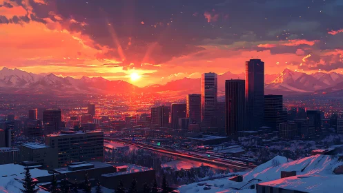 Digital cityscape sunset over snowy mountain skyline.